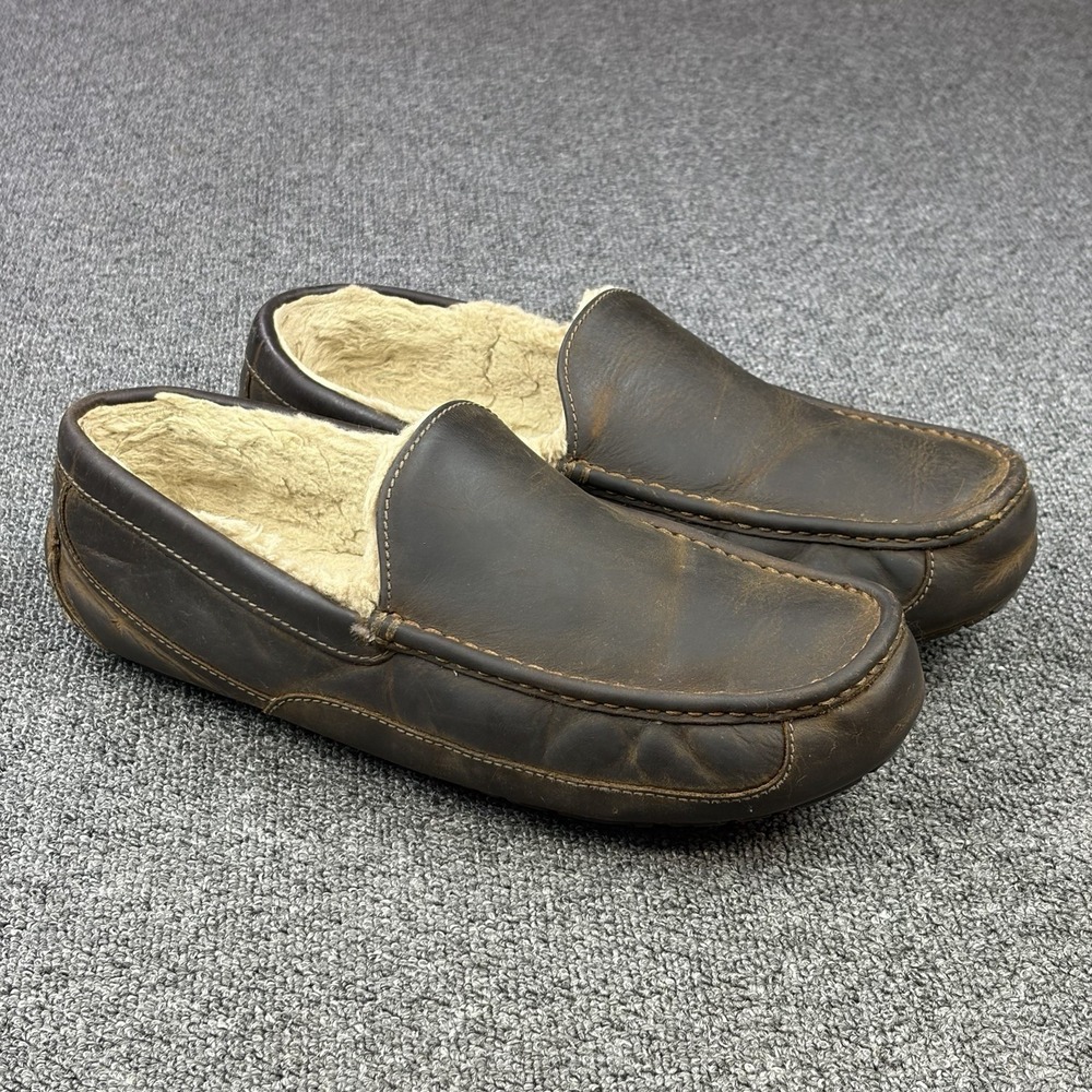 UGG Ascot Mens Size 14 Brown Nubuck Leather Shearling Lined Slippers Loafers